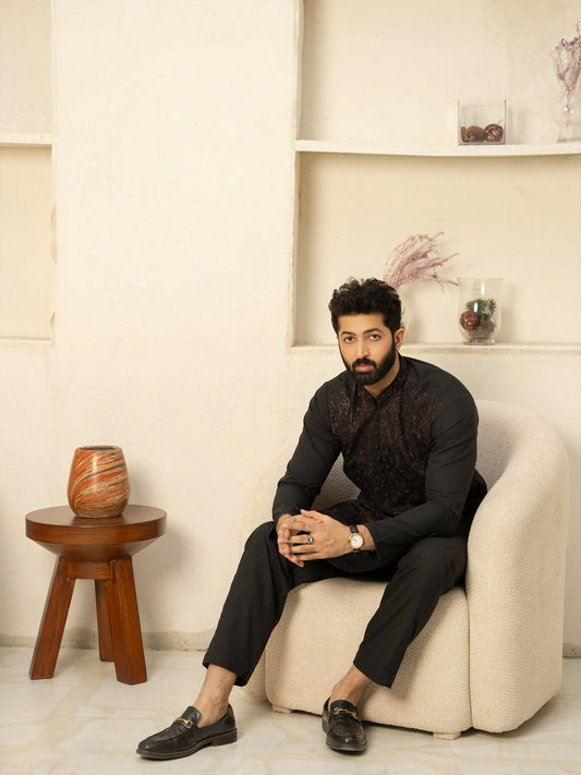 Fabrich Men Wash & Wear Embroidered Unstitched Shalwar Kameez-Black