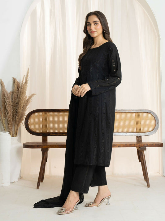 Panache Apparel Monochrome Tales Cotton Lawn Embroidered Stitched Suit-Classic Noir