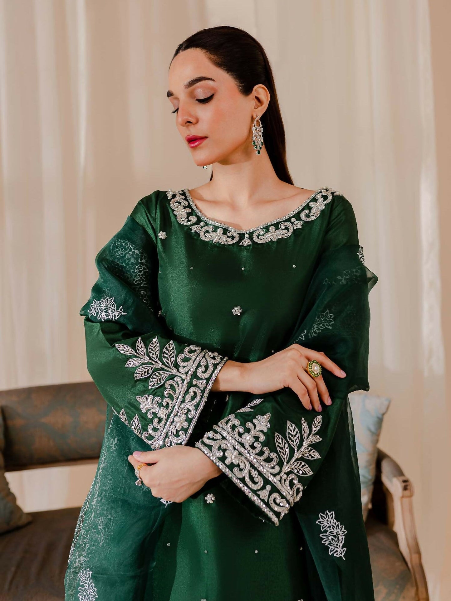 Allure By IH Raw Silk Embellished Stitched 3-Piece Suit-Camelia