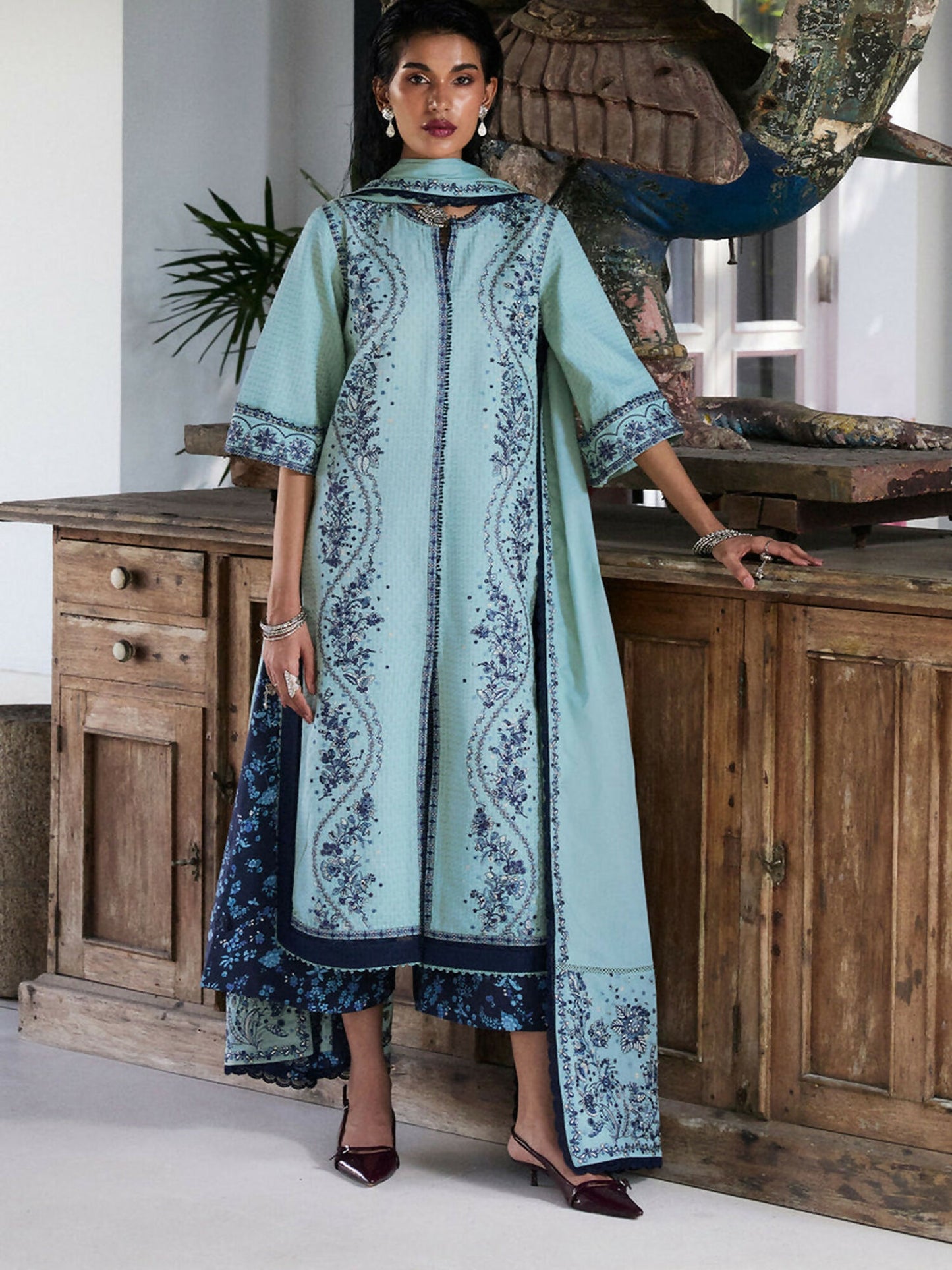 Ice Blue Hussain Rehar Luxury Lawn Embroidered Stitched 3-Piece Suit-Nesta