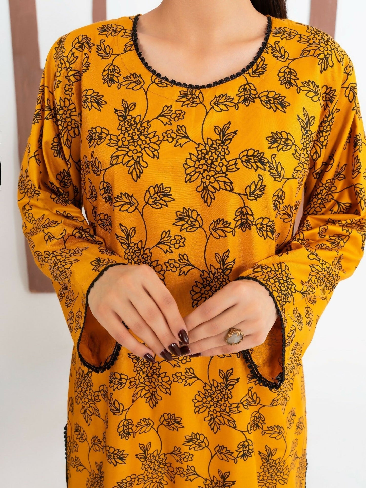 Stylish Collection Enchant Pret Linen Printed Co-Ord Set-Gulaab Mustard