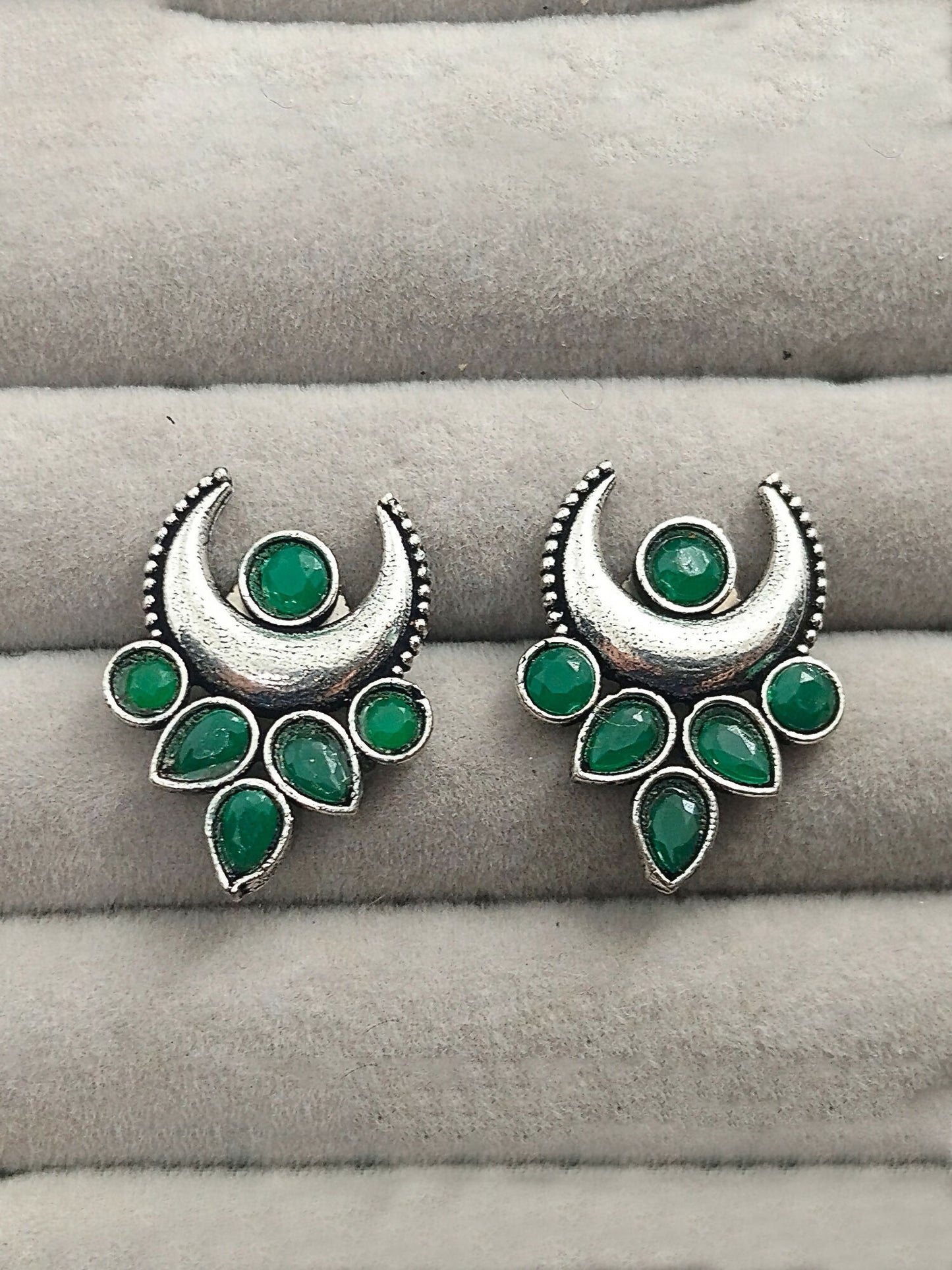 H&A Jewellery oxidised crescent moon stud earrings with green stones in round and teardrop design