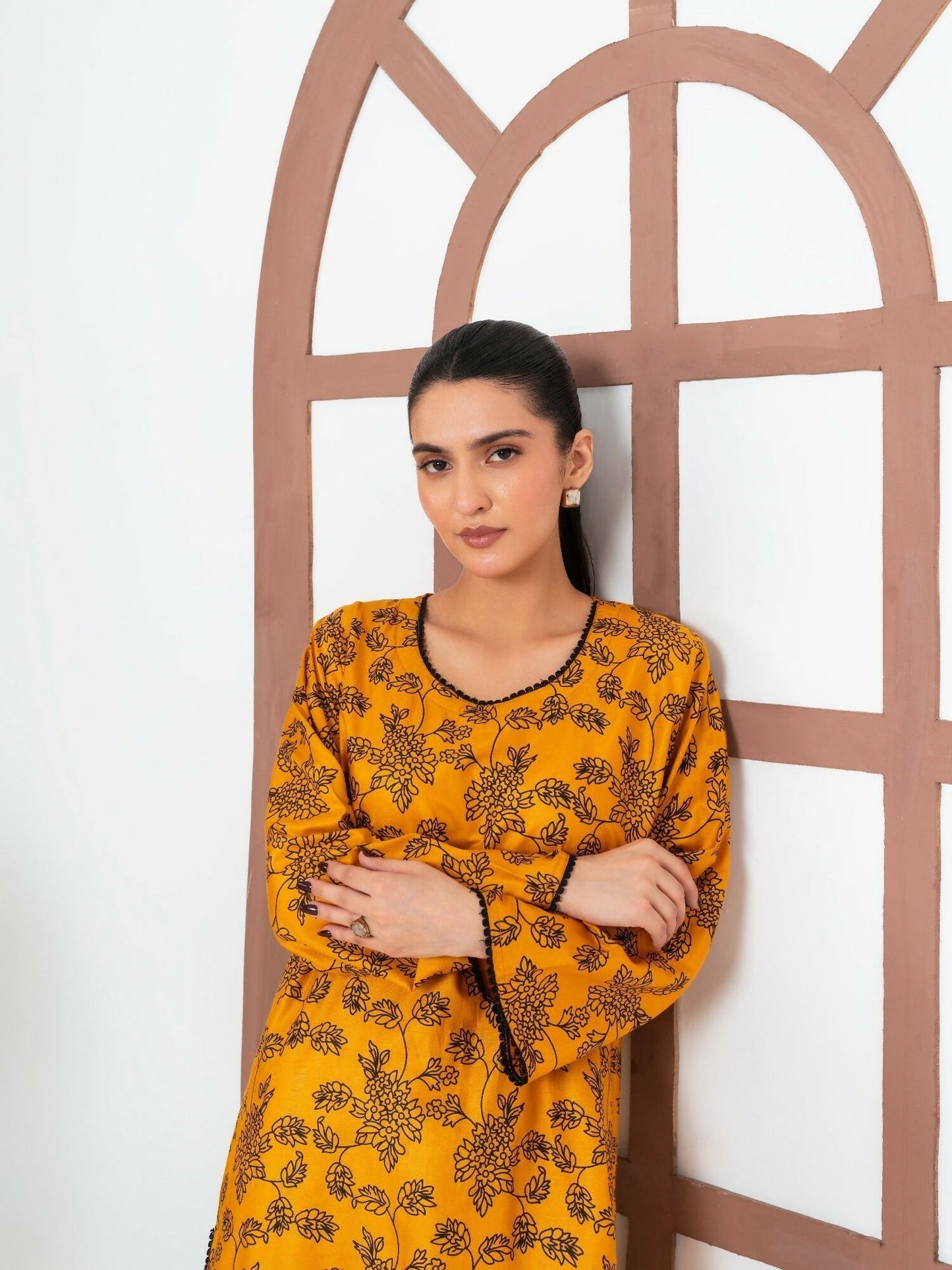 Stylish Collection Enchant Pret Linen Printed Co-Ord Set-Gulaab Mustard