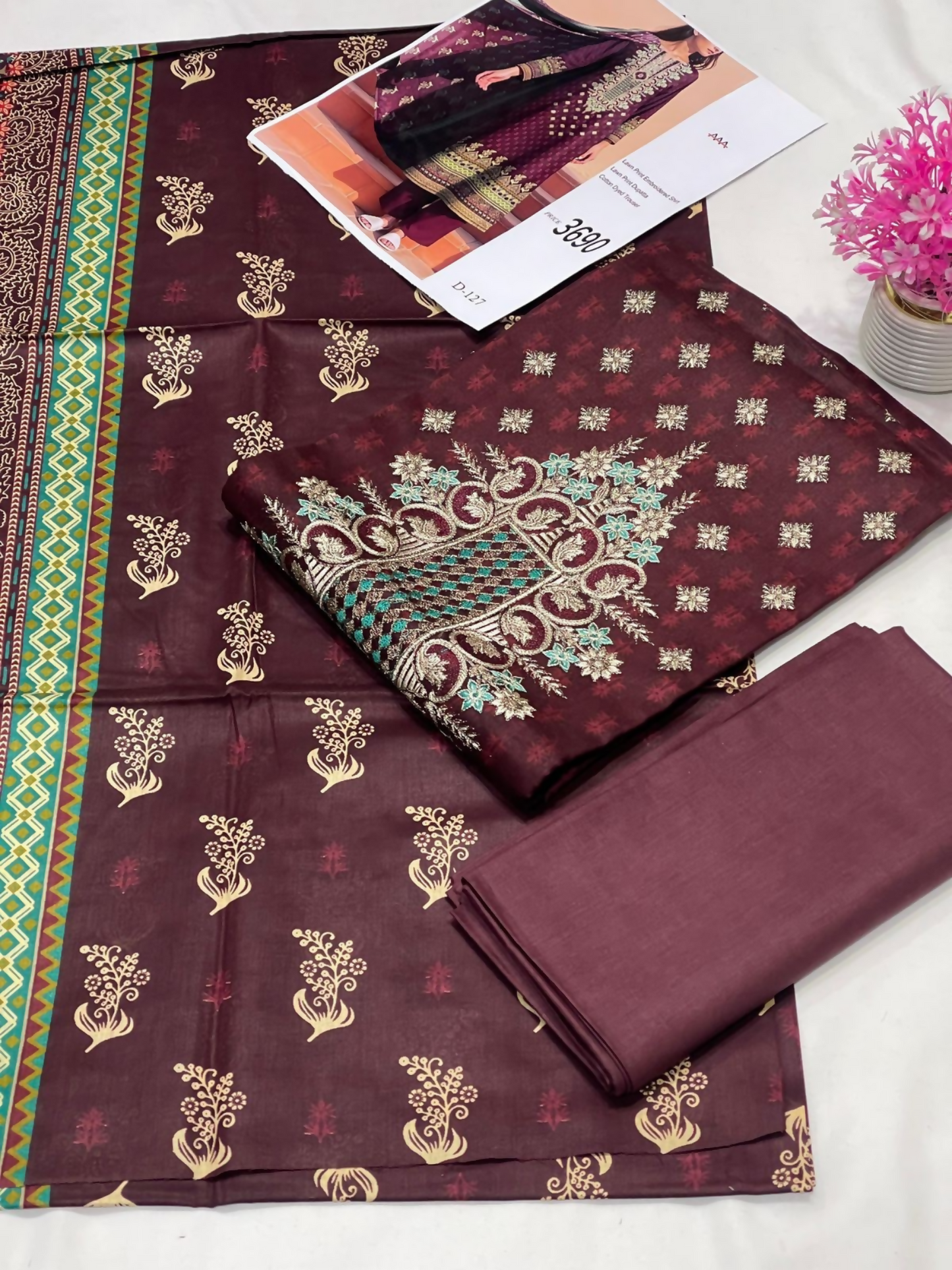 Bin Rehman Lawn Embroidered Unstitched 3-Piece Suit-D-127