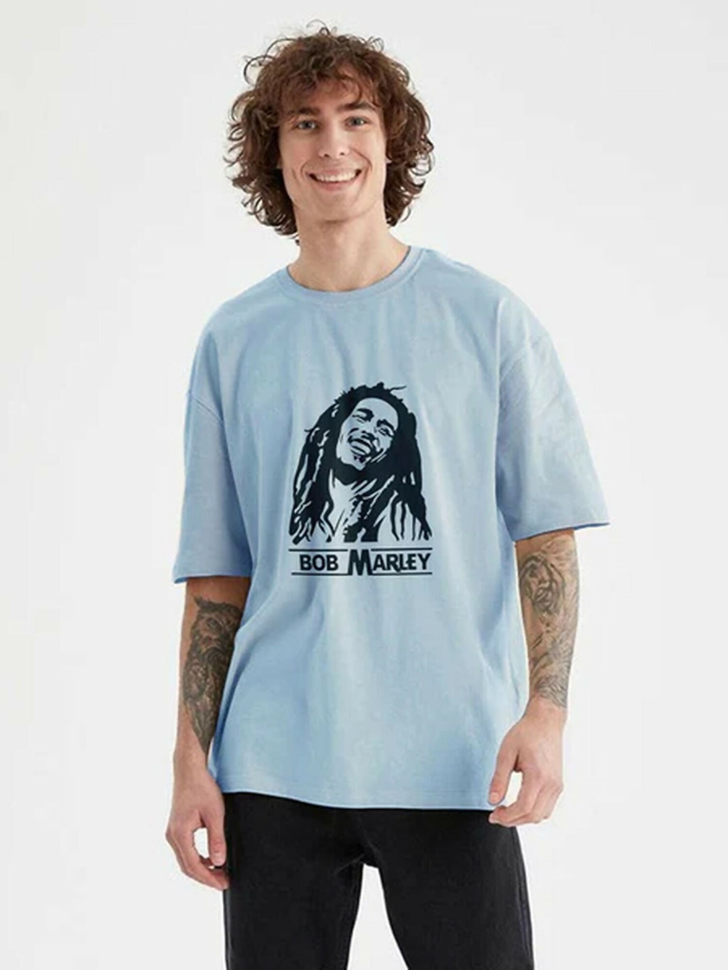 Jupiter Printed Oversized Off Shoulder Bob Marley Print Tee-Shirt-13642