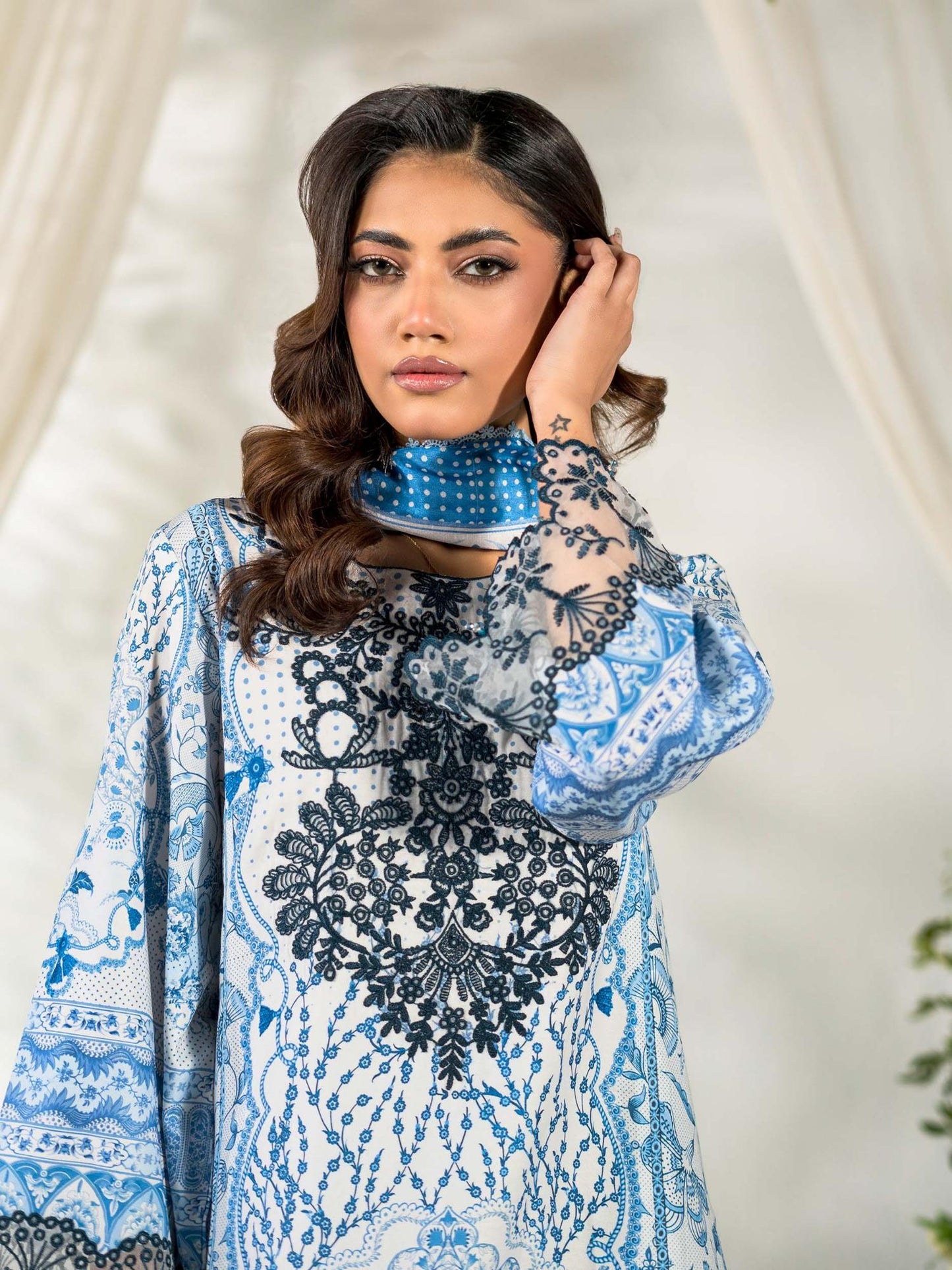 Blue Rabazka Lawn Embroidered Unstitched 3-Piece Suit-WUS-PELW-3PCS-S26-01
