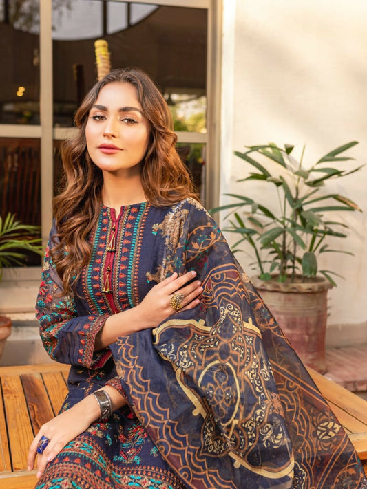 Panache Apparel Cotton Net Embroidered Stitched Suit-Bluebell