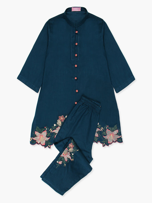 Velvour Girls Cotton Embroidered Stitched 2-Piece Suit- VG78-D