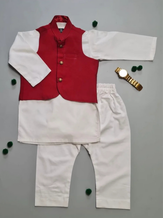 Kidoz Kloset Wash & Wear Kurta Pajama-Cherry Berry Waistcoat Set