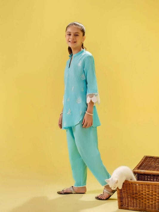 Velvour Girls Cotton Embroidered Stitched 2-Piece Suit-VG146-B
