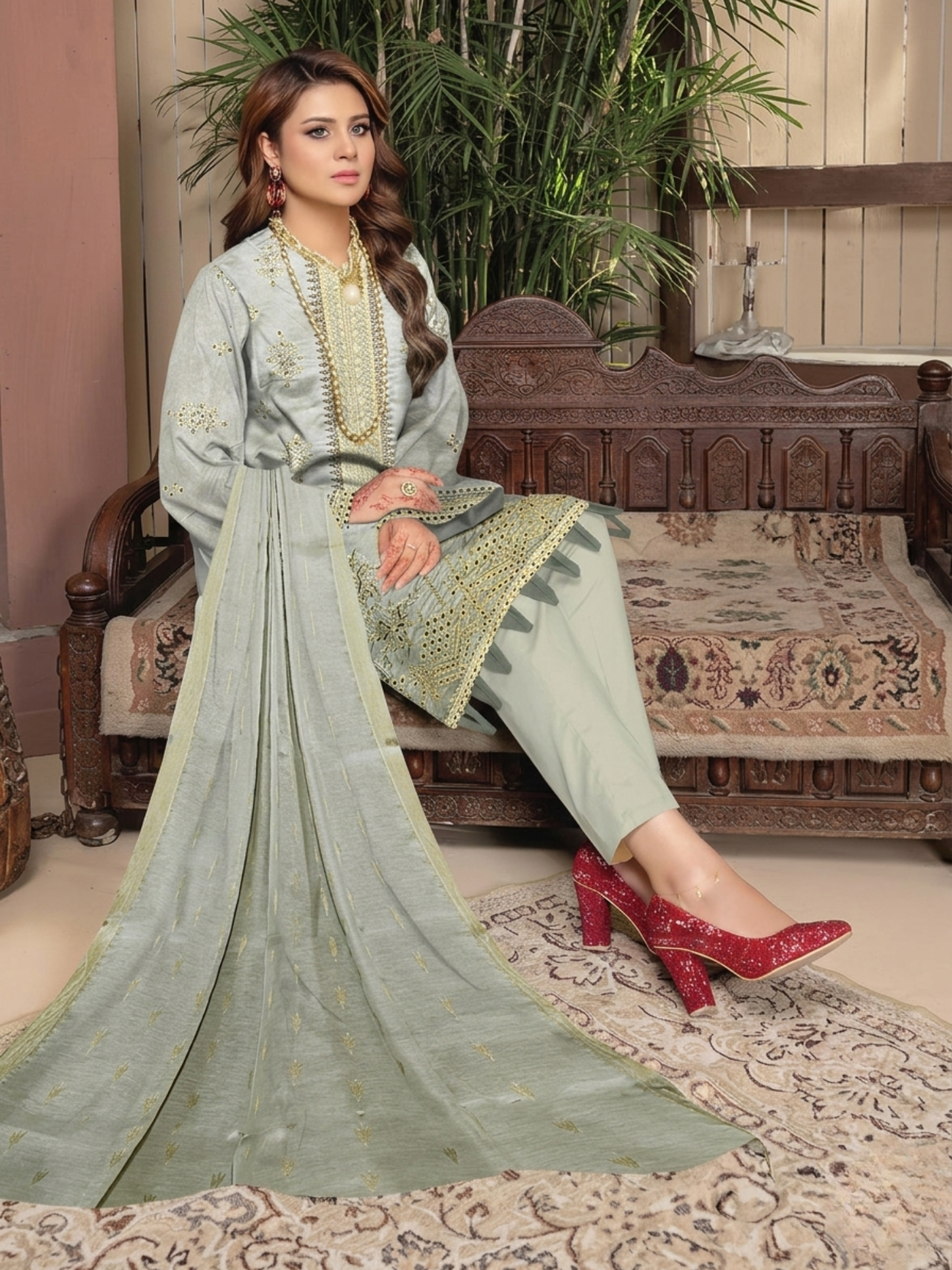 Bin Shaukat Lawn Embroidered Unstitched 3-Piece Suit-10