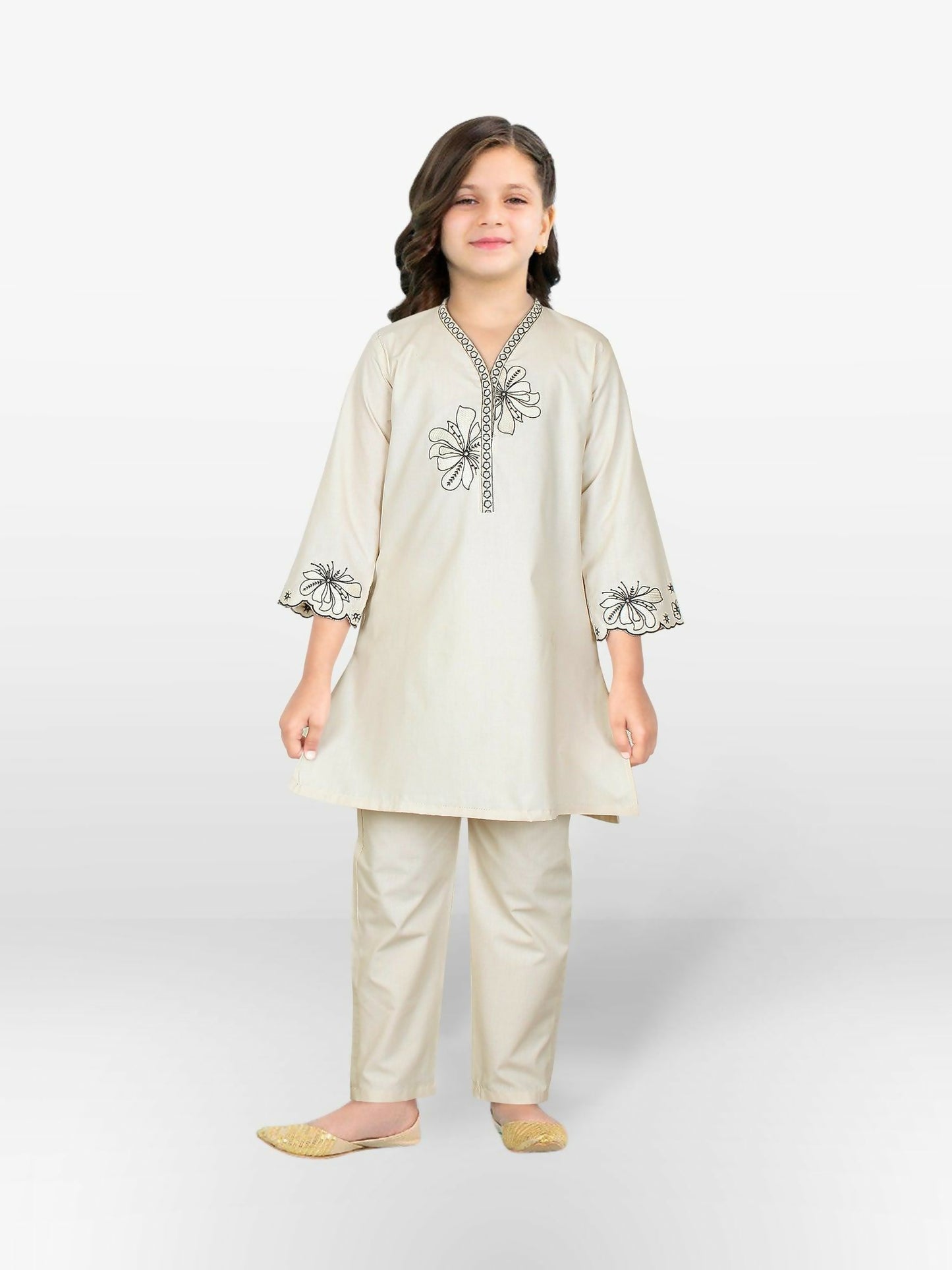 Off-White and Cream Velvour Girls Embroidered Stitched 2-Piece Suit-VG131-B