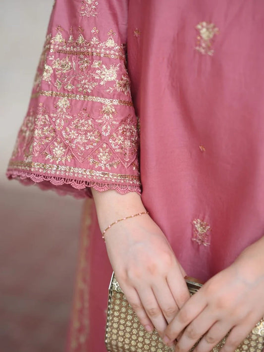 Pink Ayat Closet Linen Embroidered Stitched 3-Piece Suit-hania