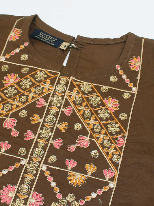 Velvour Girls Cotton Embroidered Stitched 2-Piece Suit-VG159-B