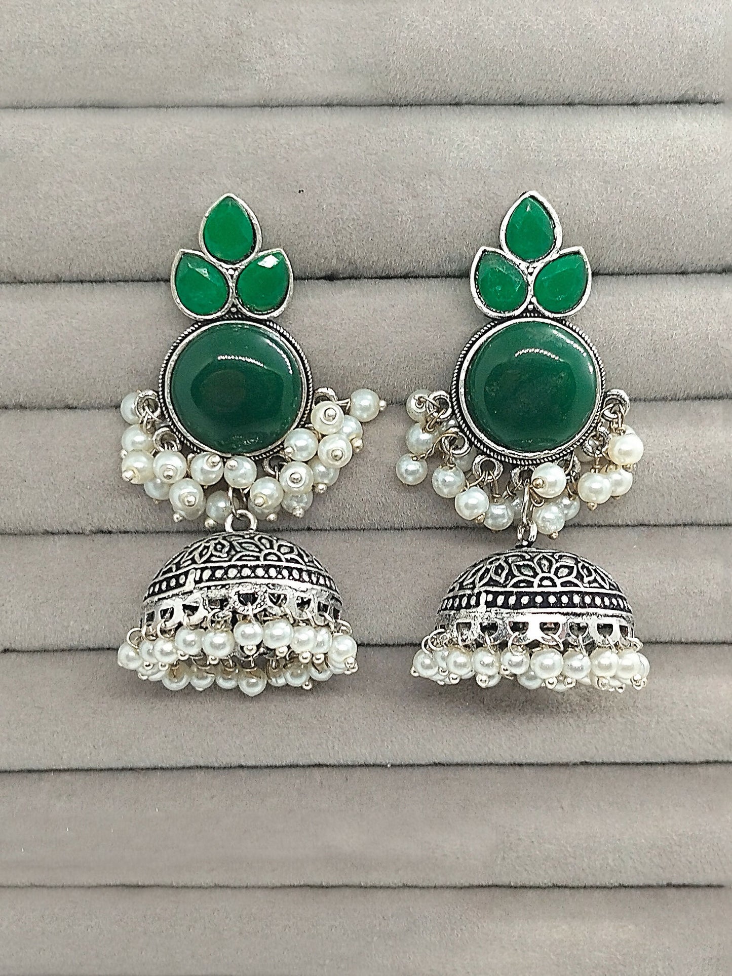 H&A Jewellery oxidized silver dome-shaped jhumka earrings with green stones and pearl drops