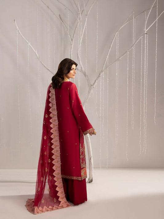 Shurooq Echoes In Bloom Raw Silk Embellished Stitched 3-Piece Suit-Scarlet Reverie