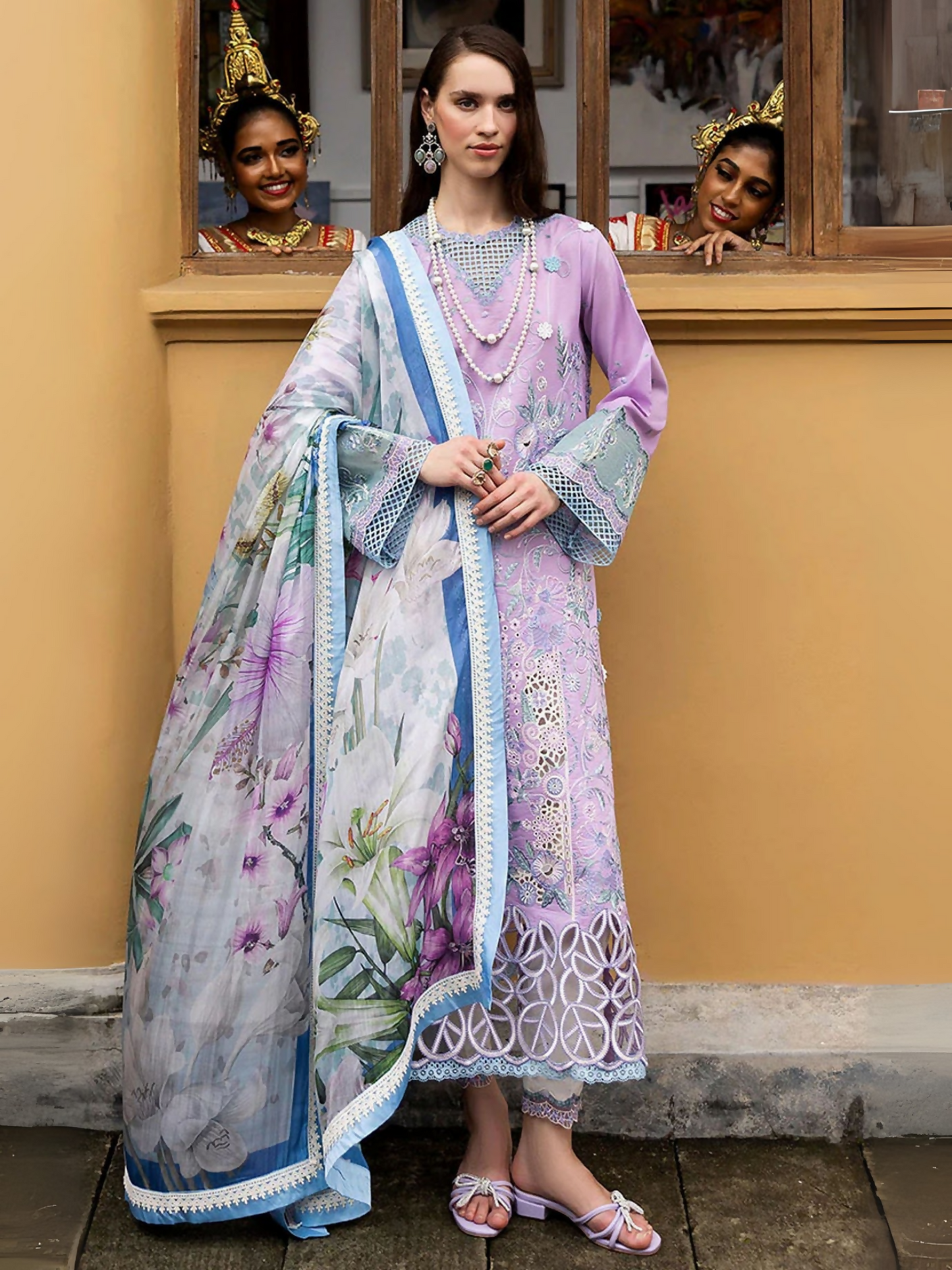 Mushq unstitched 3-piece suit with chikan embroidered lawn shirt, organza borders and lace, crochet 3D flower, silk dupatta, and cotton trouser.