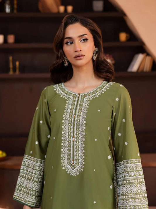 Olive Ayat Closet Linen Embroidered Stitched 2-Piece Suit-Lime Light