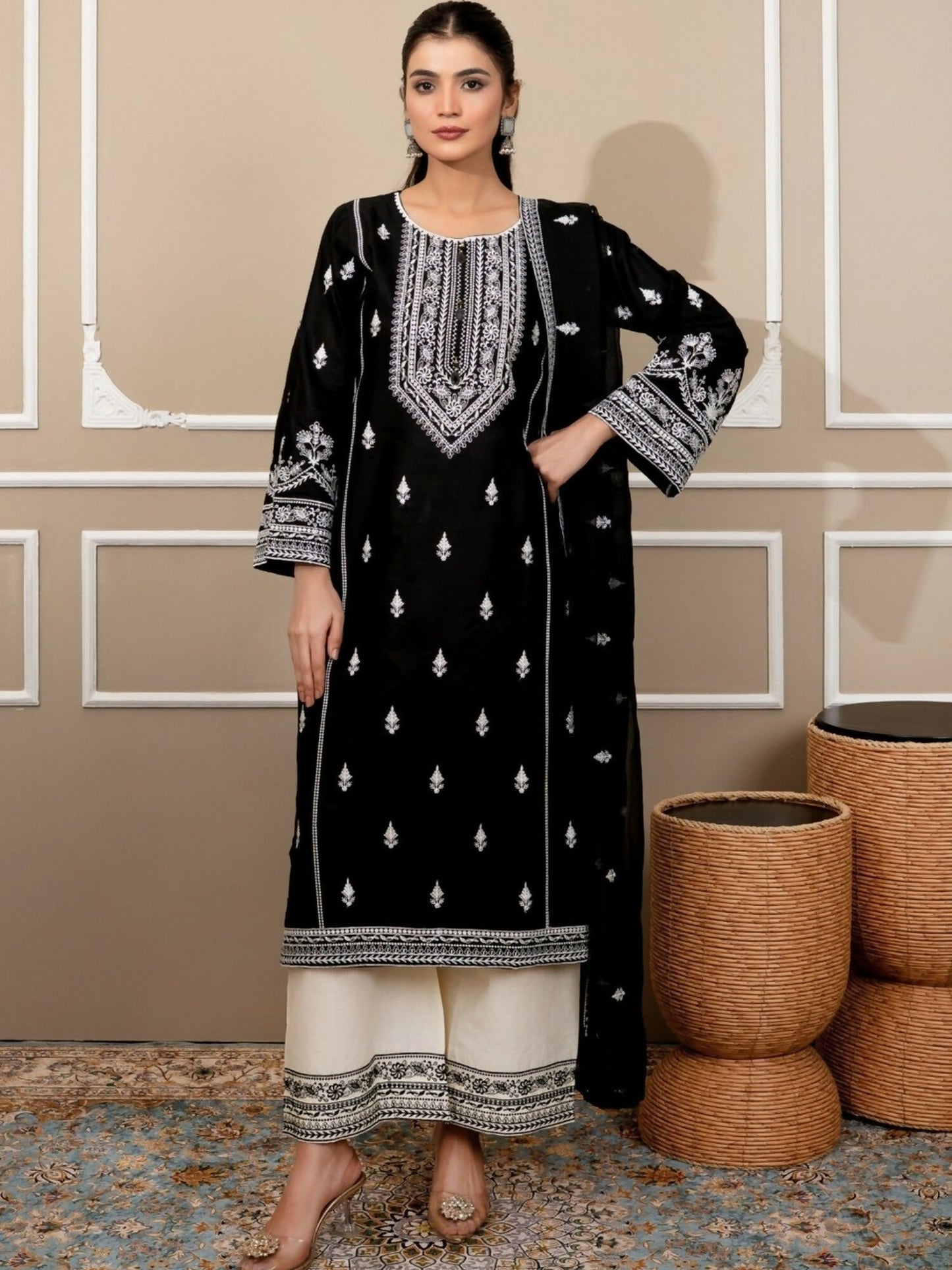 Tehzeeb Libas Stone Linen Embroidered Stitched 3-Piece Suit-SHAHJAHAN