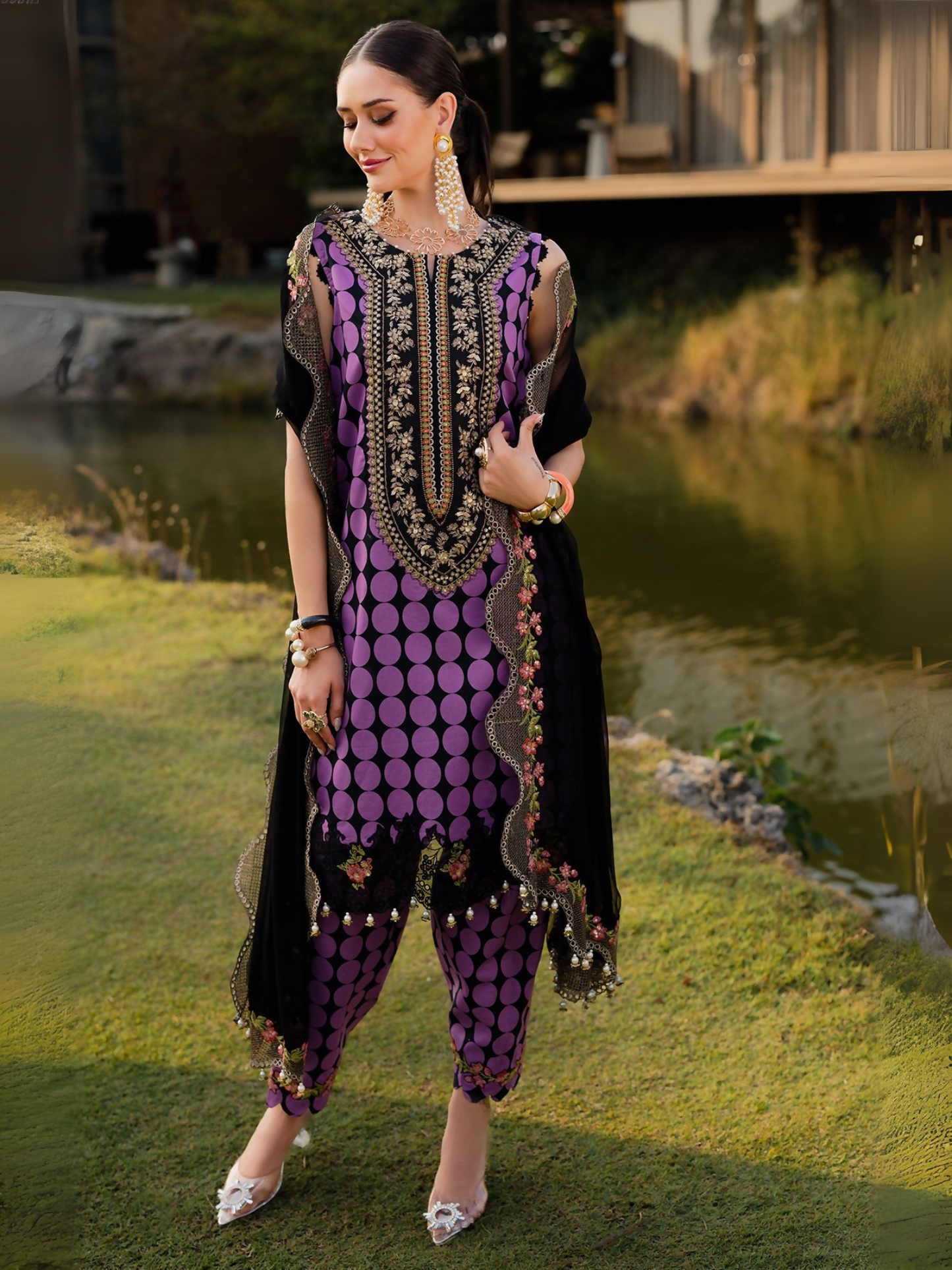 Printed lawn shirt and trouser with embroidered details and chiffon dupatta by Charizma