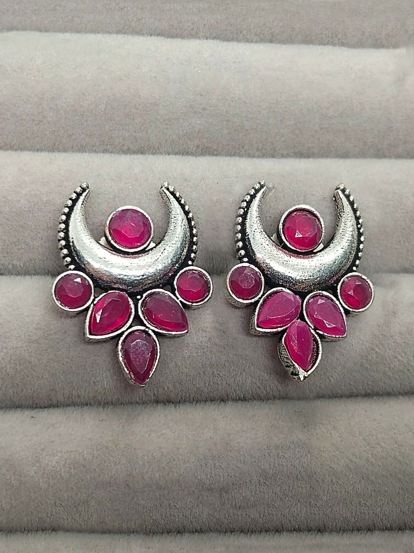 H&A Jewellery oxidised crescent moon stud earrings with pink stones in round and teardrop design