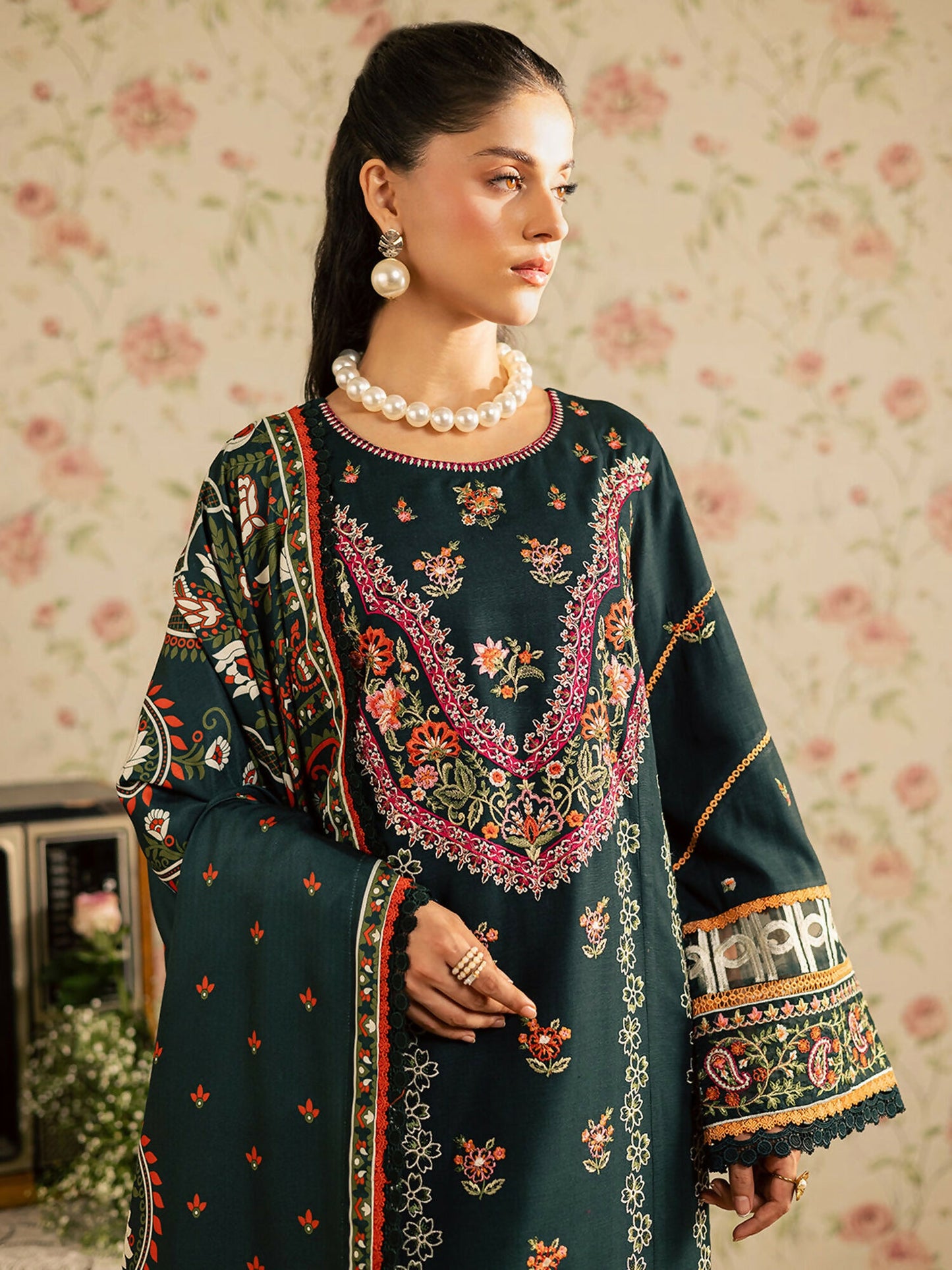 Mahnur Kaia Slub Linen Embroidered Stitched 3-Piece Suit-K- 08