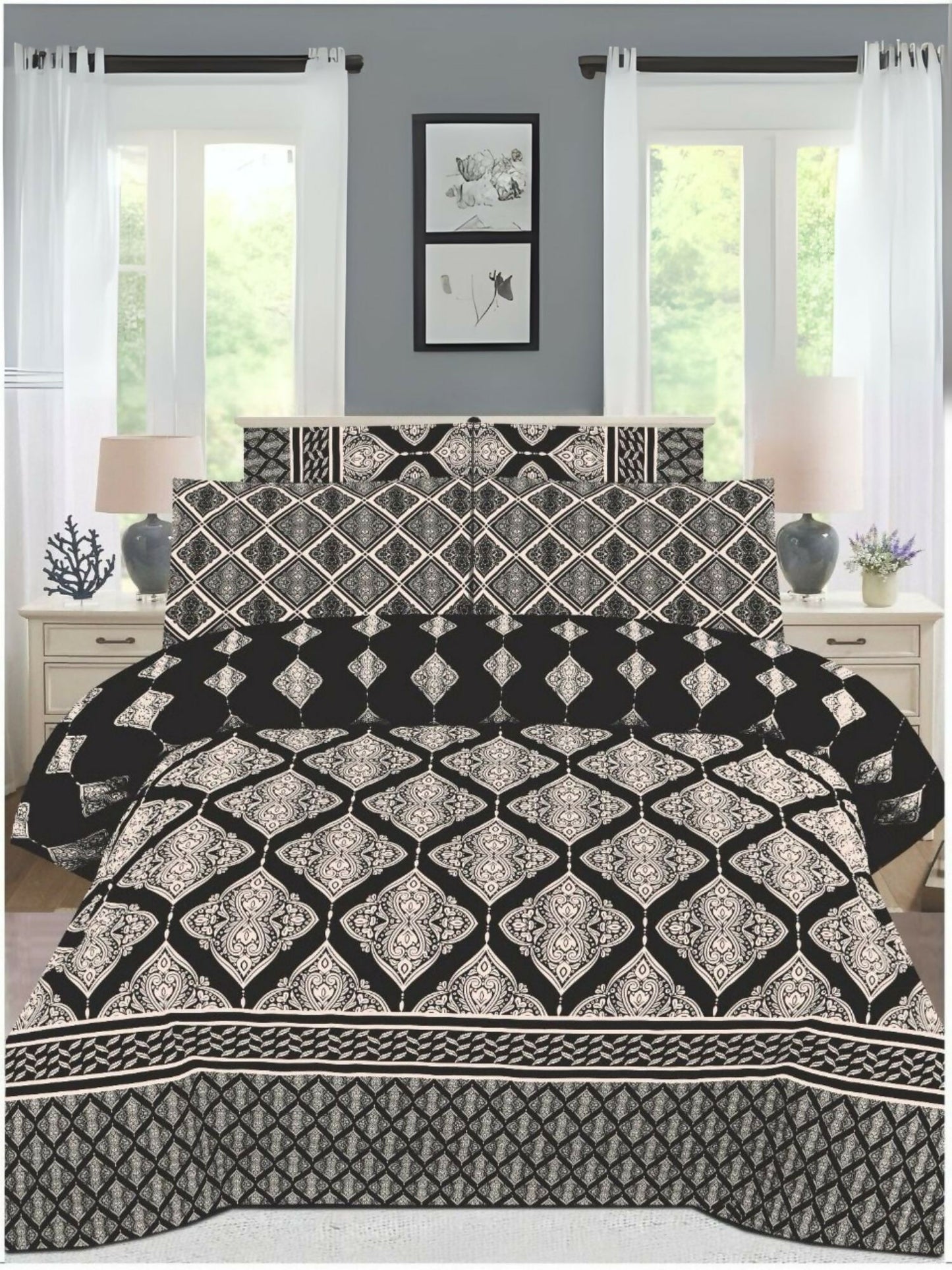 Black comforter set with white printed design – 6-piece bedding set including matching bedsheet and pillow covers.