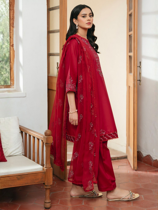 Mannat Clothing Lawn Embroidered Stitched Suit-Carmine