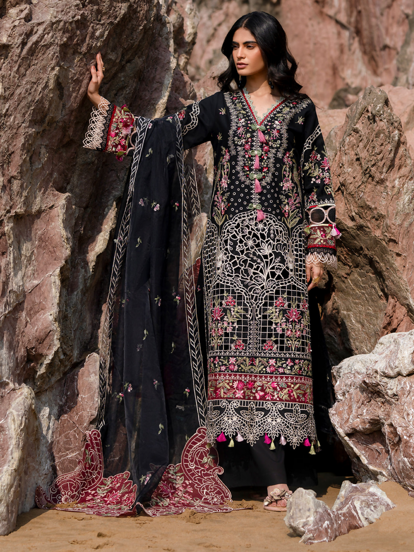 Unstitched 3-piece embroidered suit with embroidered lawn front, dyed back and sleeves, organza dupatta, dyed trouser, and lining fabric.