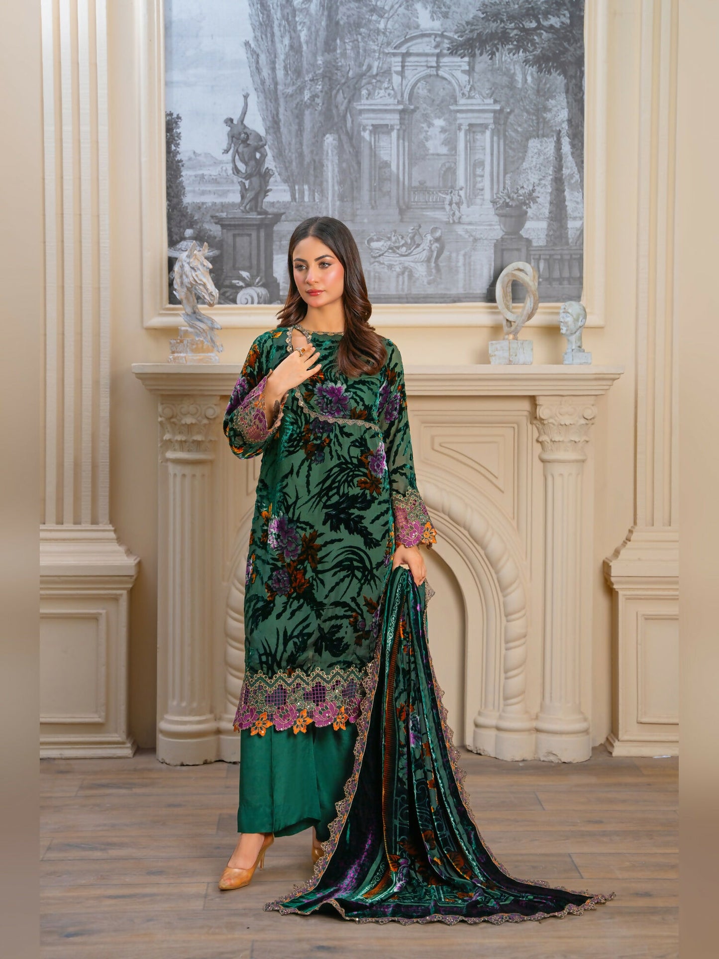 Noori Palachi Embossed Printed and Embroidered Unstitched 3-Piece Suit