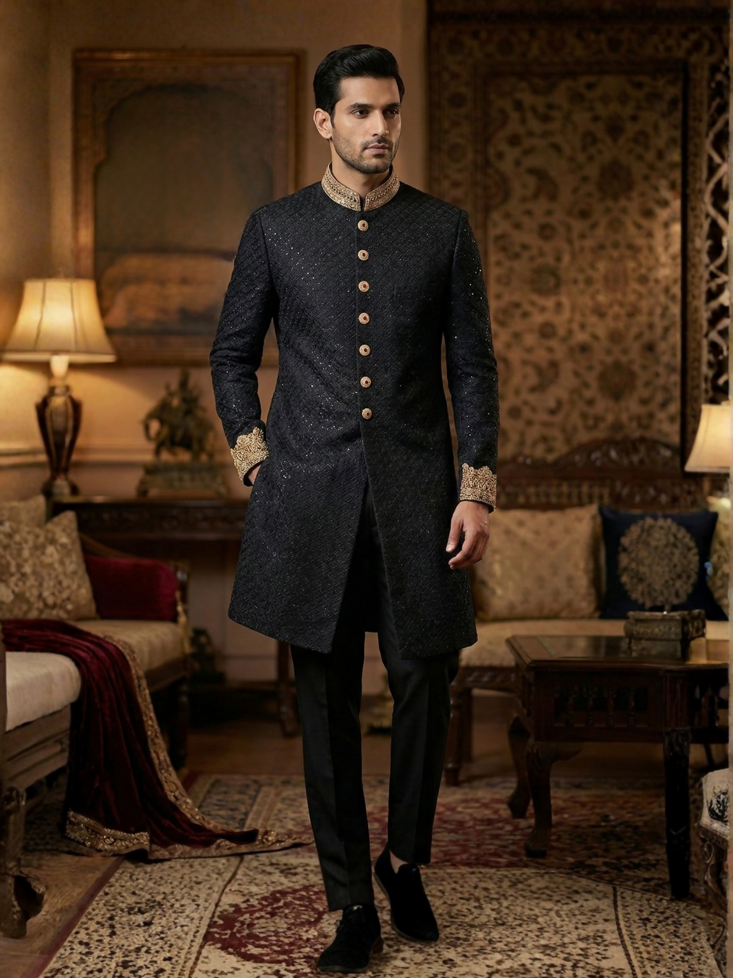 Gem Garments Janaan Raw Silk Embellished Sherwani-Aks-e-Raat