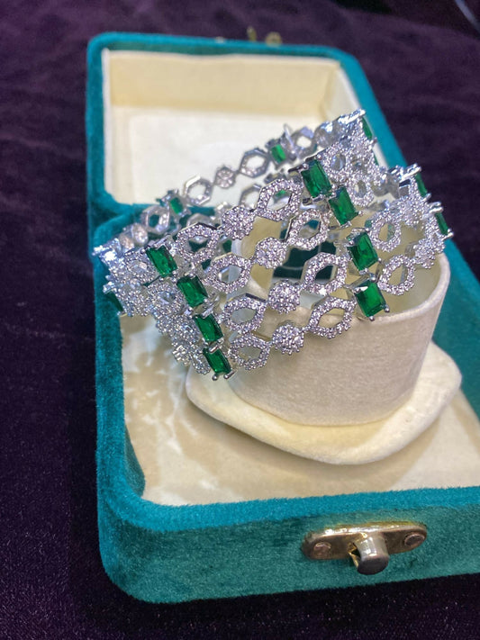 Noor Bilal one carat silver bangles with green accents, elegant traditional jewellery set.