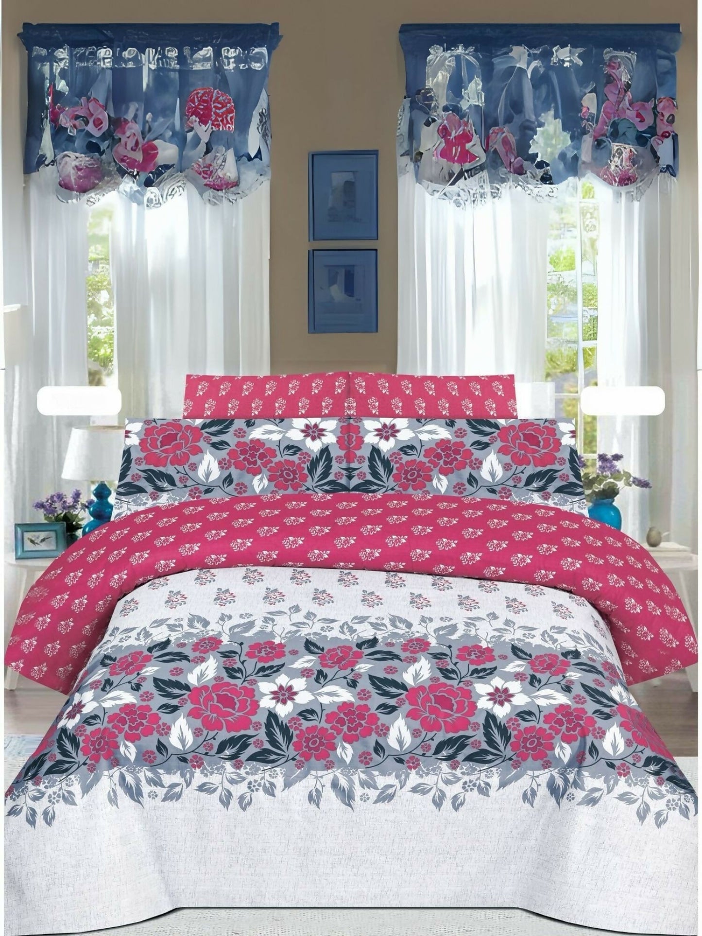 White king-size bedsheet with pink floral design and two matching pillow covers in poly cotton