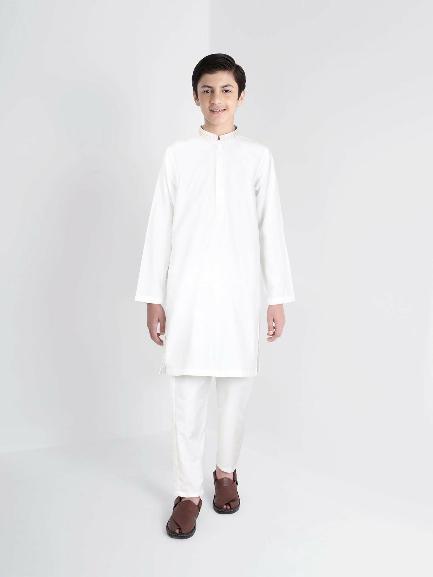Off-White Velvour Boys Embroidred Shalwar Kameez-VB172-D