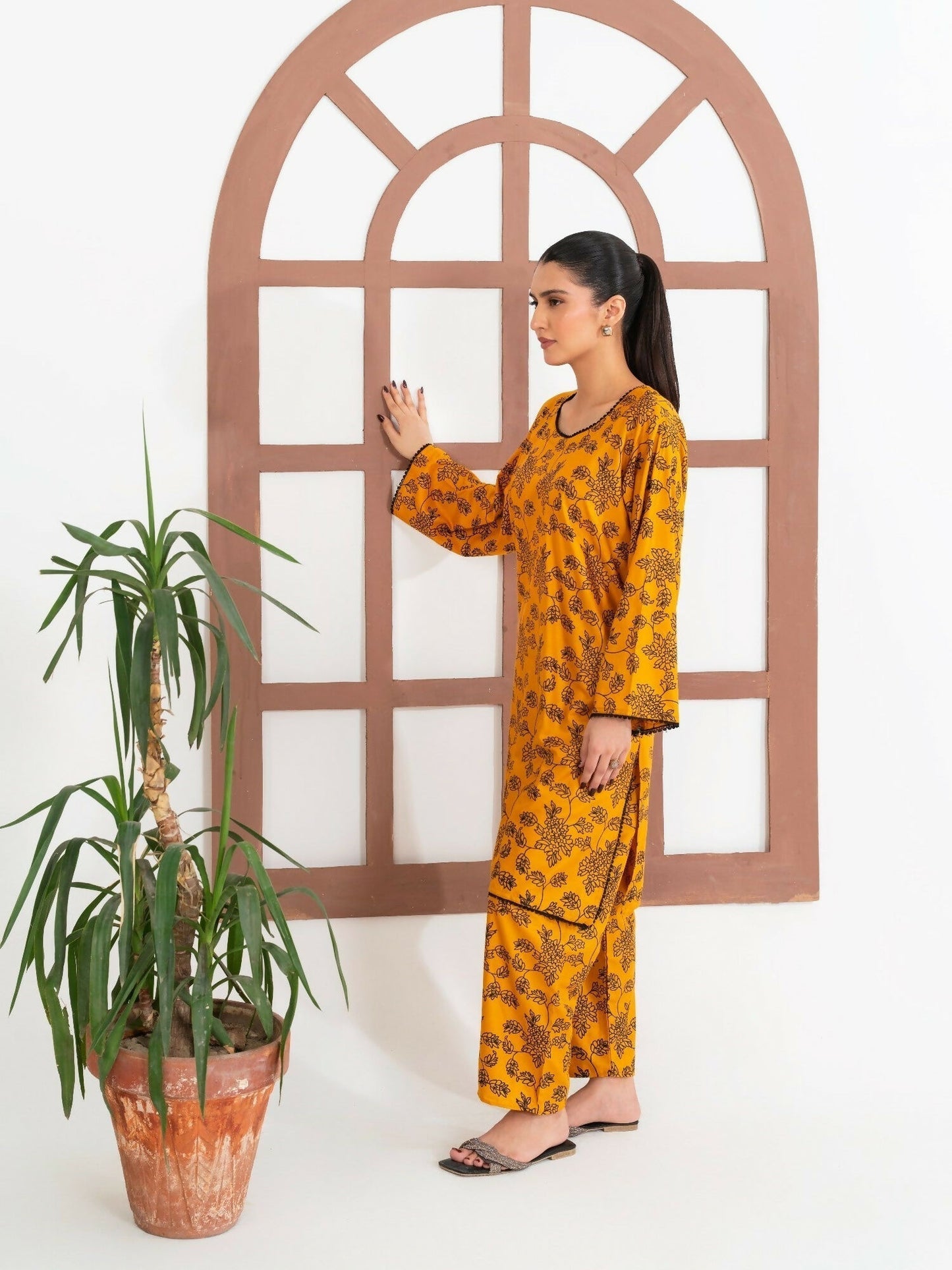Stylish Collection Enchant Pret Linen Printed Co-Ord Set-Gulaab Mustard