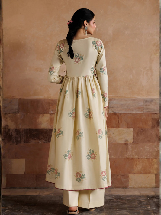 Cream Panache Apparel Noor Mahal Cotton Printed Stitched Suit-Noorzaad