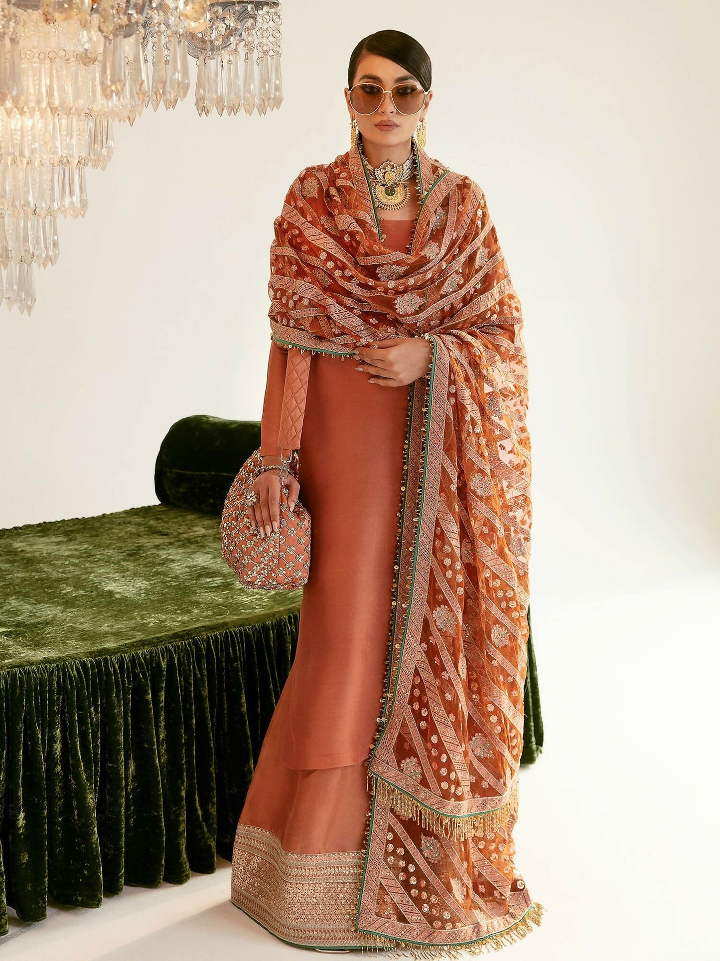 Jugnu by Hussain Rehar peach raw silk shirt with embellished palazzo pants and embroidered net dupatta