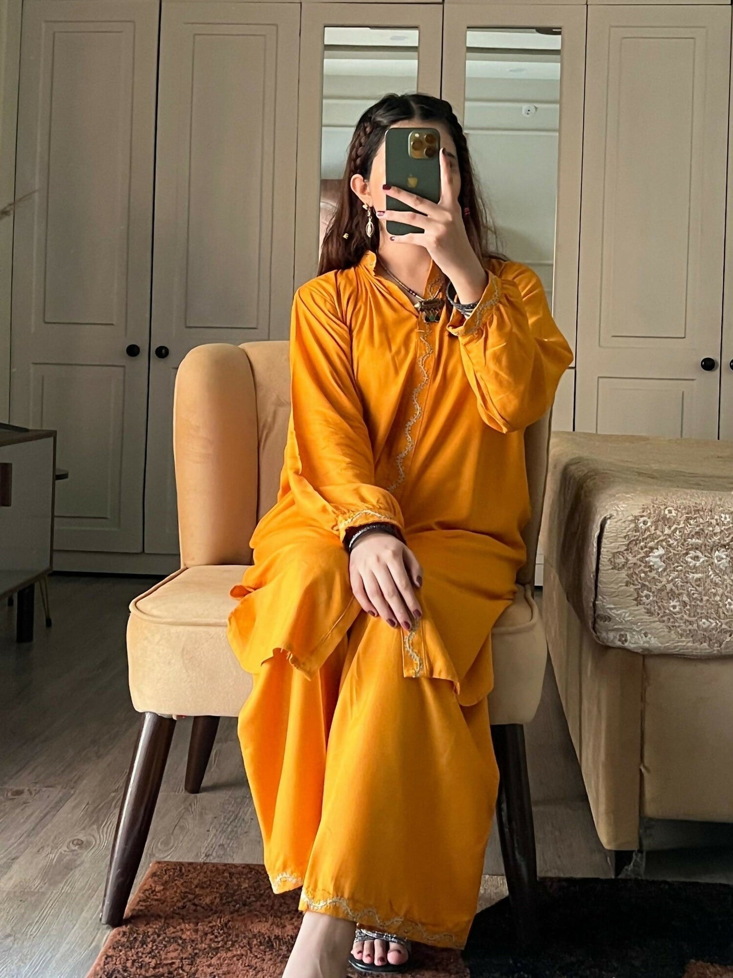 Stylish Collection Aaraish Linen Embroidered Co-Ord Set–Yellow Ringels