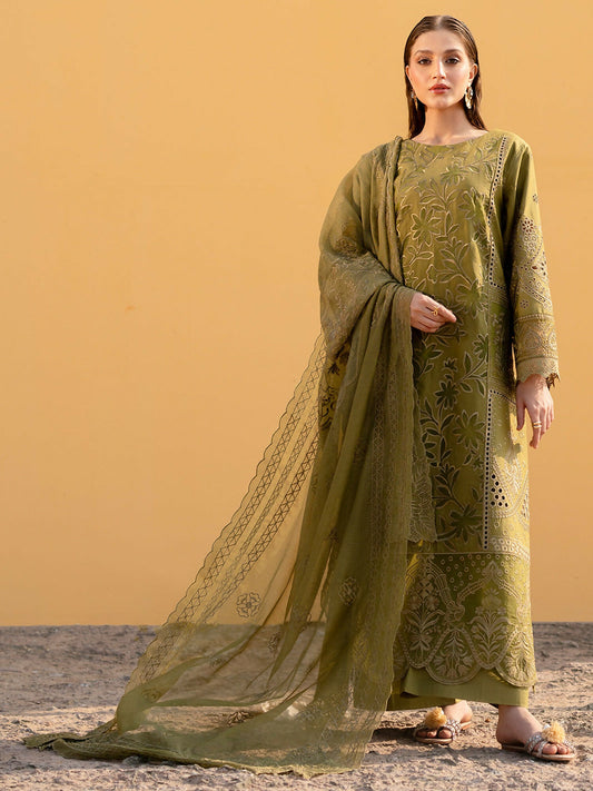 Unstitched 3-piece lawn suit from Mahnur Sirene collection with embroidered shirt, cotton net dupatta, dyed trouser, and lining fabric.