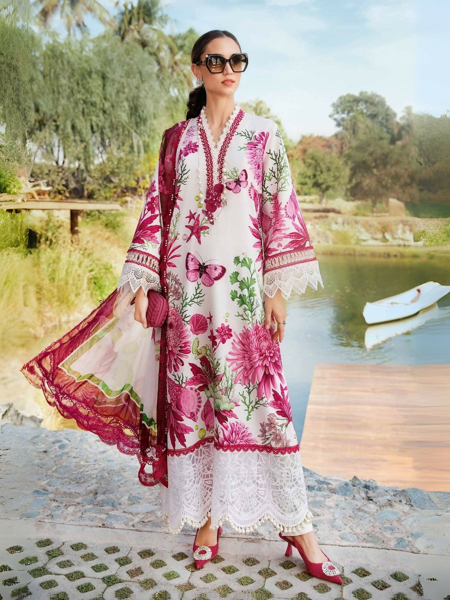 Maria.B white and pink printed lawn outfit with embroidered organza patti, buttons, and lace.