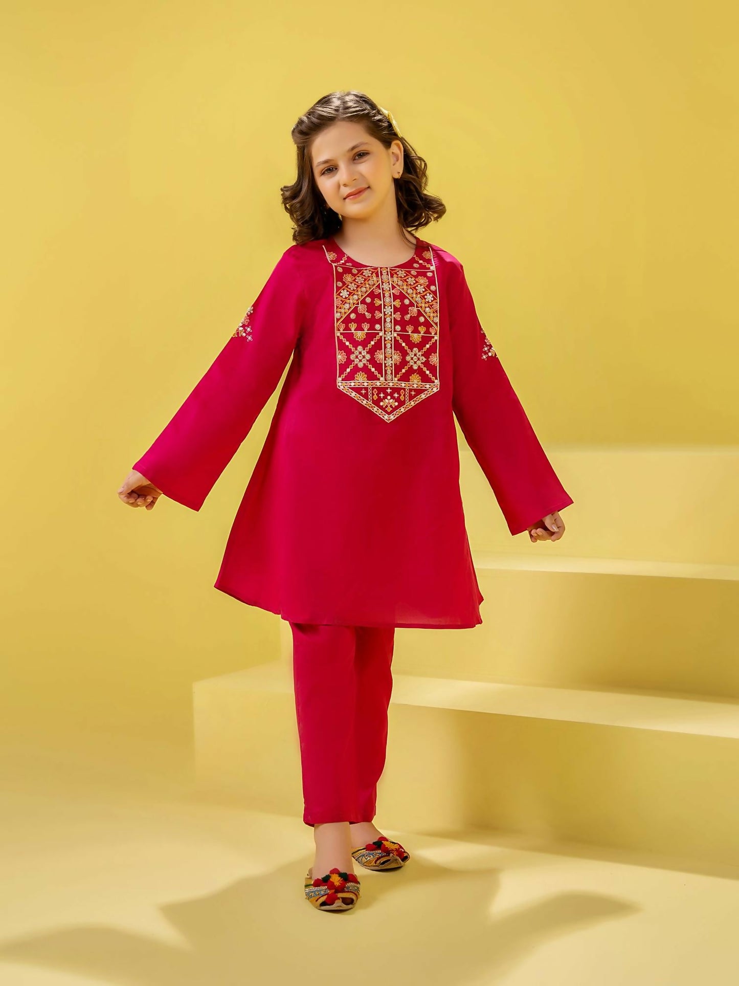 Red Velvour Girls Printed Co-ord Set-VG159