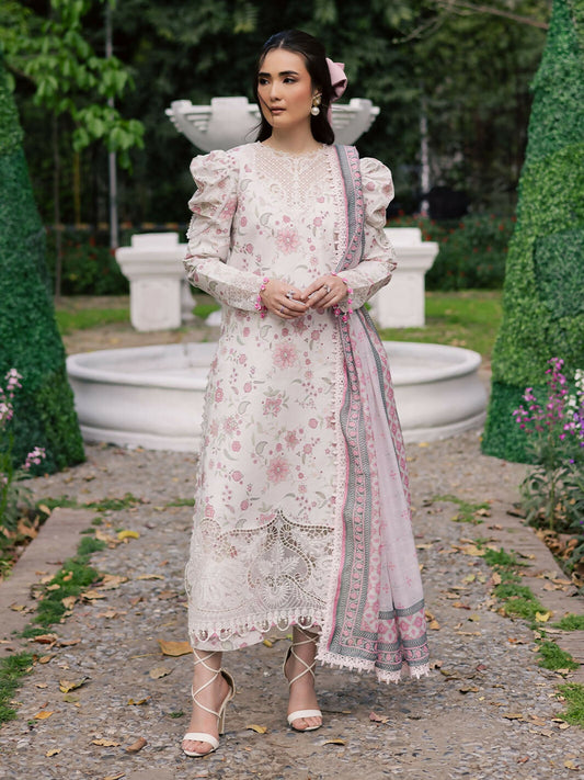Unstitched 3-piece suit with printed lawn shirt, embroidered neckline and borders, printed monark dupatta, and printed cambric trouser.
