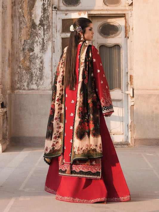 Red Hussain Rehar Barmala Pret'26 Embroidered 3-Piece Suit-Surkh-e-Laleh
