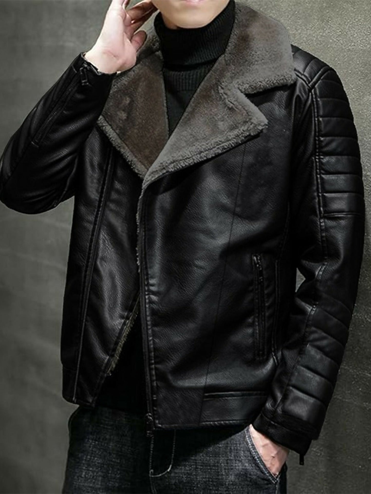 Alpha’s Cross Zip Premiere Black Jacket made from imported leather with sherpa fur lining, featuring a stylish cross zip closure and multiple pockets