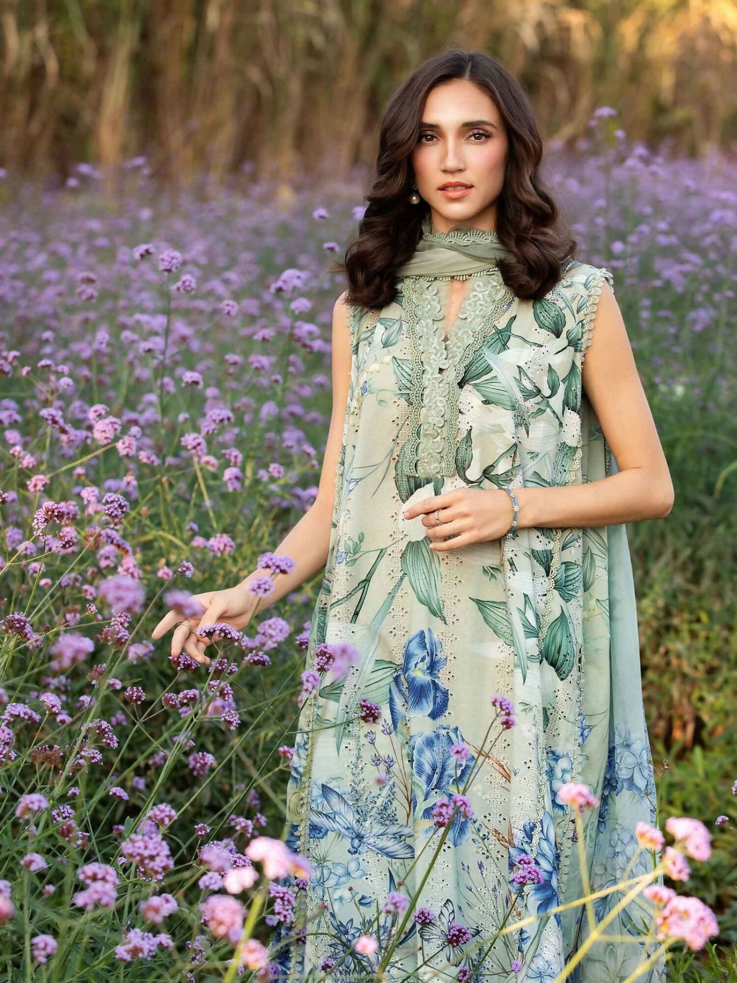 Maria.B mint green printed lawn outfit with embroidered front and organza embroidered patti.