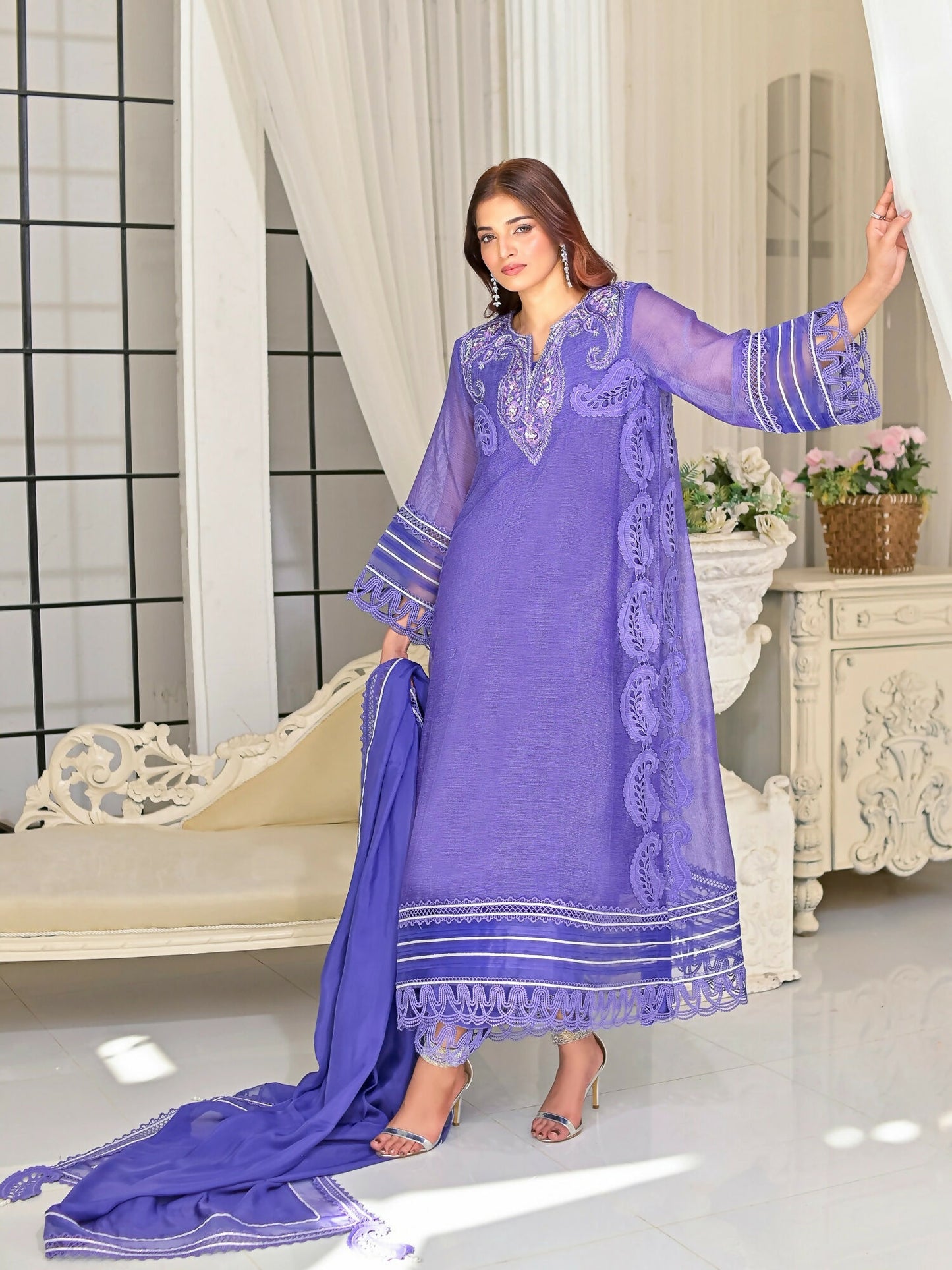 Farooq Hameed Studio Khaddi Net Embroidered Stitched 3-Piece Suit-Romi