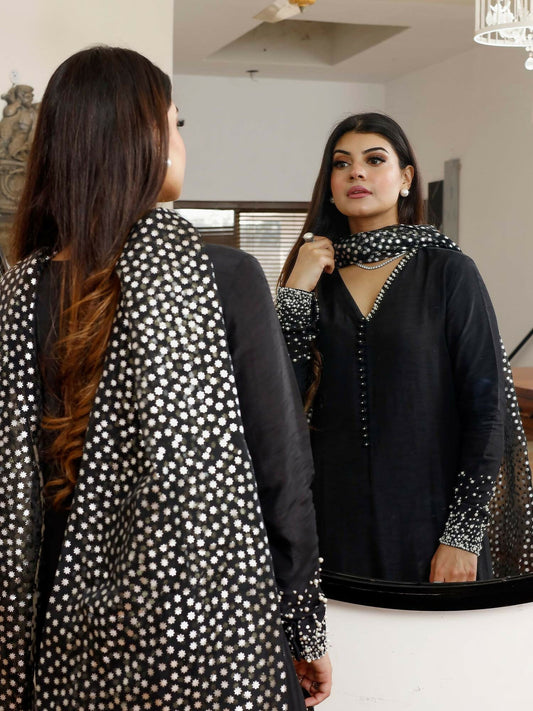 Shiza Hassan Nadia Luxury Pret Korean Raw Silk Embellished Stitched 2-Piece Suit-Midnight Sky