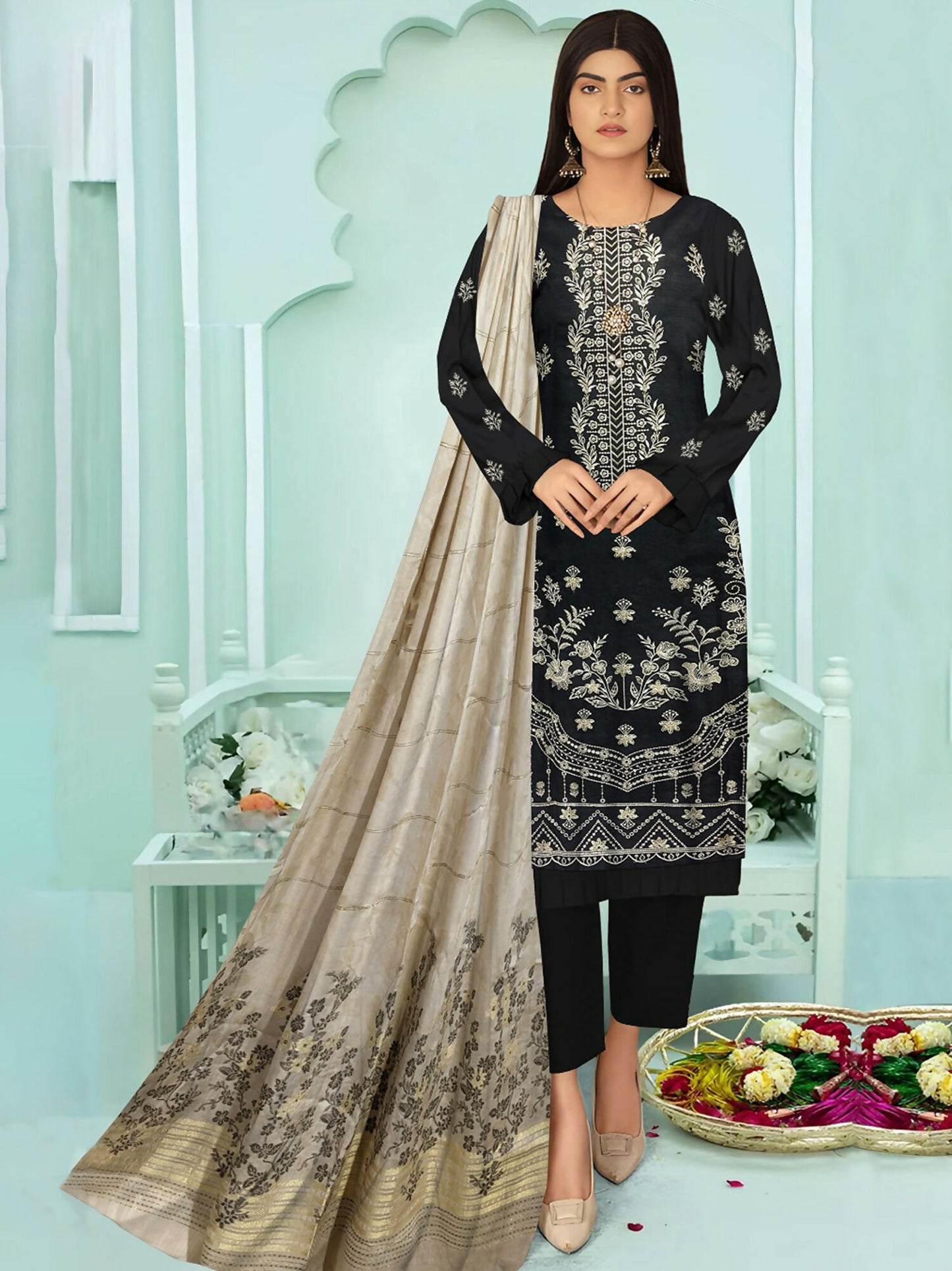 Embroidered shirt with plain trousers and a floral jacquard dupatta.