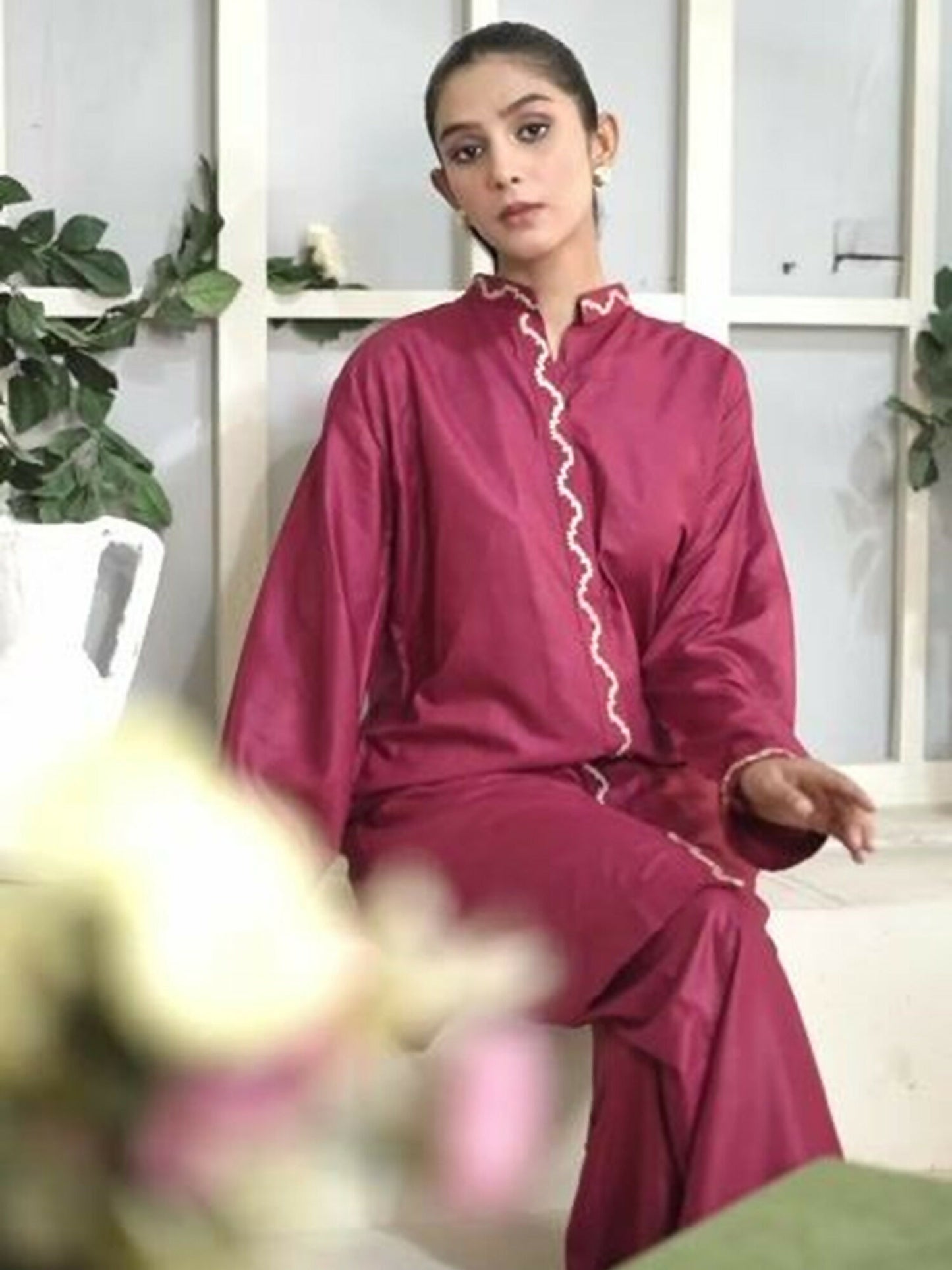 Stylish Collection Aaraish Linen Embroidered Co-Ord Set-Maroon Ringles