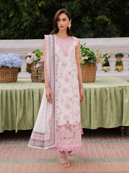 Unstitched 3-piece lawn suit with embroidered printed shirt, printed monark dupatta, and printed cambric trouser.